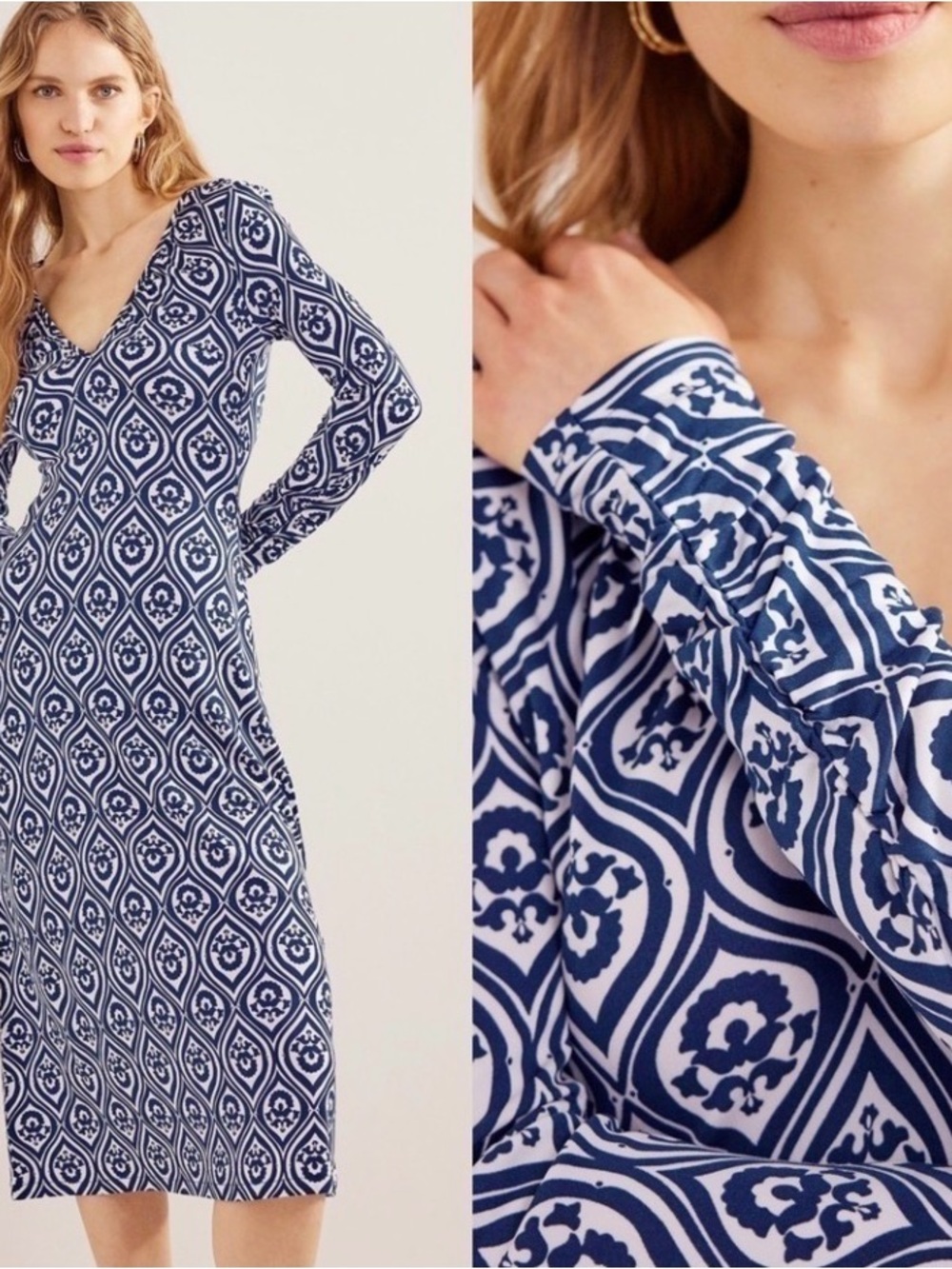 Boden Navy blue cream long sleeve geometric dress size 6